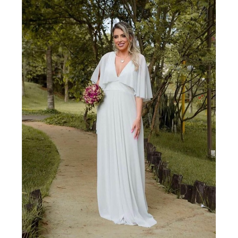 Vestido Longo Evase em Tule Bordado com Manga Princesa 2 / Indicado para  Casamento Civil, Religioso, Praia e Pré Wedding