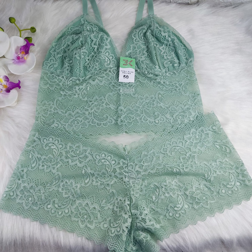 Conjunto De Lingerie Espera Marido Plus Size Cropped Calcinha Calesson Sem Bojo E Renda