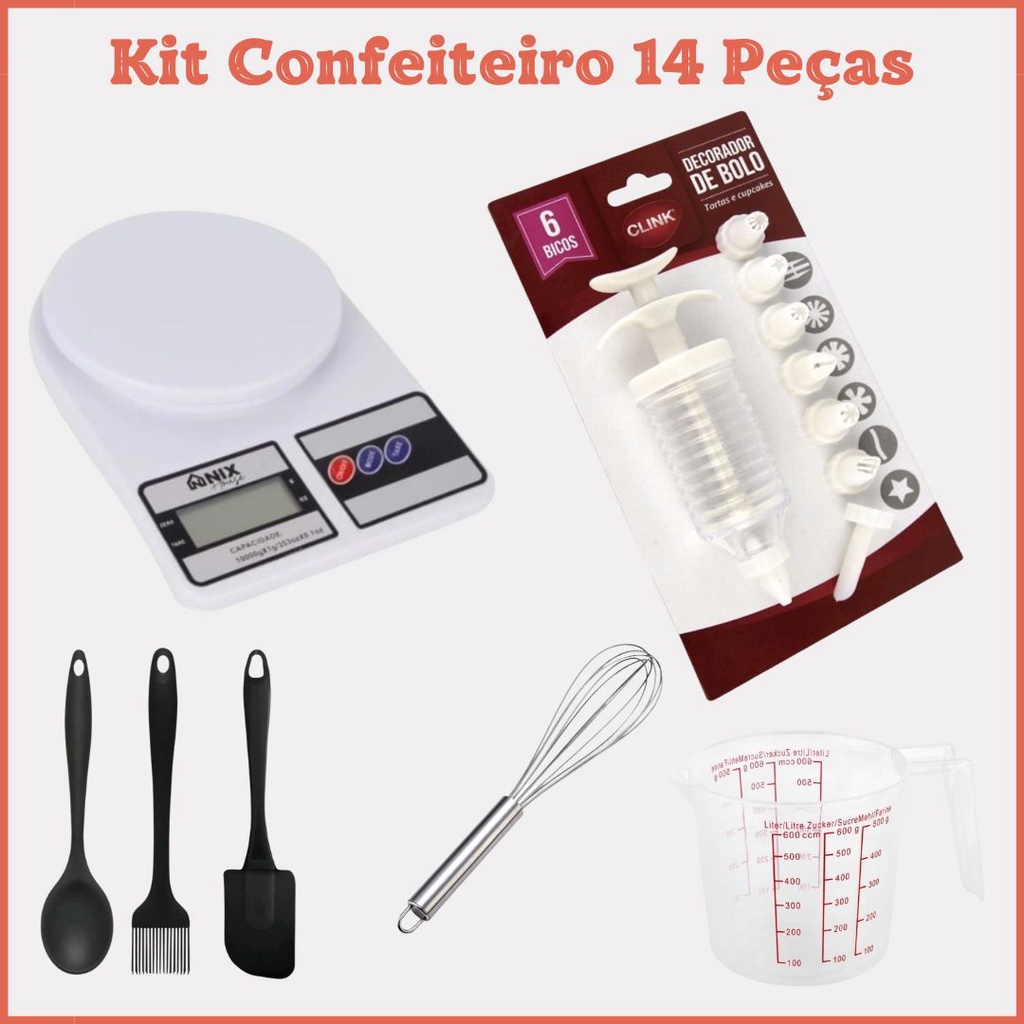 Confeiteiro 14 Peças:  Balança digital 10 K + Jarra Medidora