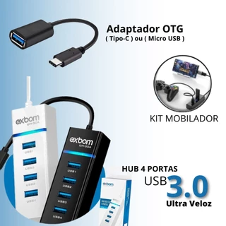 Kit Hub Usb 3.0 4 Portas + Adaptador Cabo Otg Tipo-c Micro Usb Mobilador Celular Gamer em Oferta na Shopee