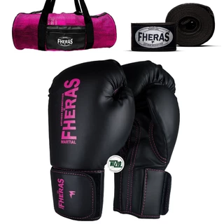 Kit Luva de Boxe Muay Thai MMA Sanda Kickboxing Sanshou PRO Pink 12oz Bandagem Elástica 3,5 Metros e Bucal Moldável Fheras