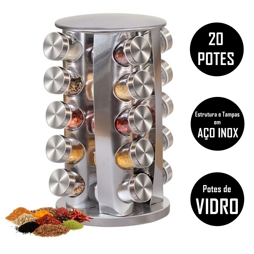 Porta Temperos Condimentos 20 Potes Giratorio Redondo Inox