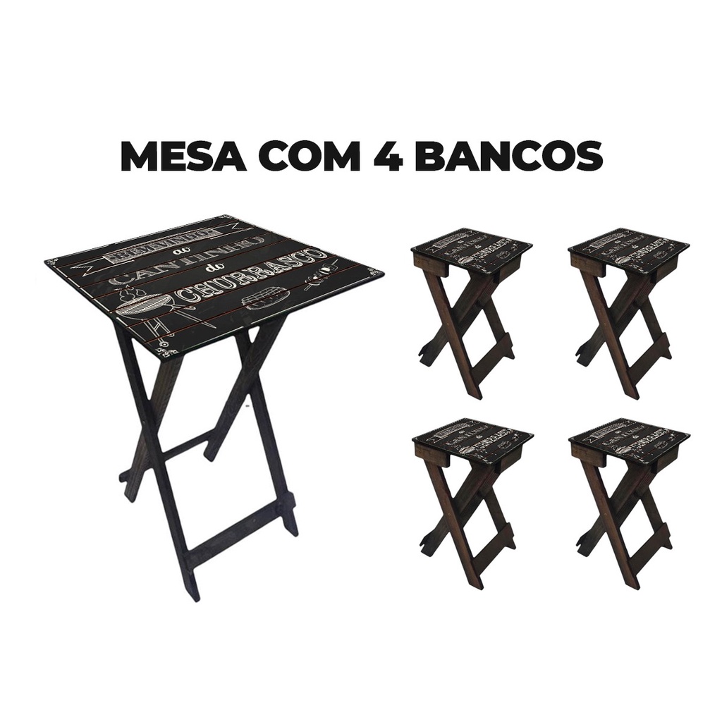 Mesa Quadrada 4 Bancos Estilo Varanda Gourmet Madeira Pinus Impermeável