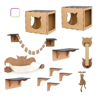 Playground para gatos 11 peças parquinho suspenso combo rede + arranhador e nichos ponte degraus prateleiras MDF carpete antiderrapante