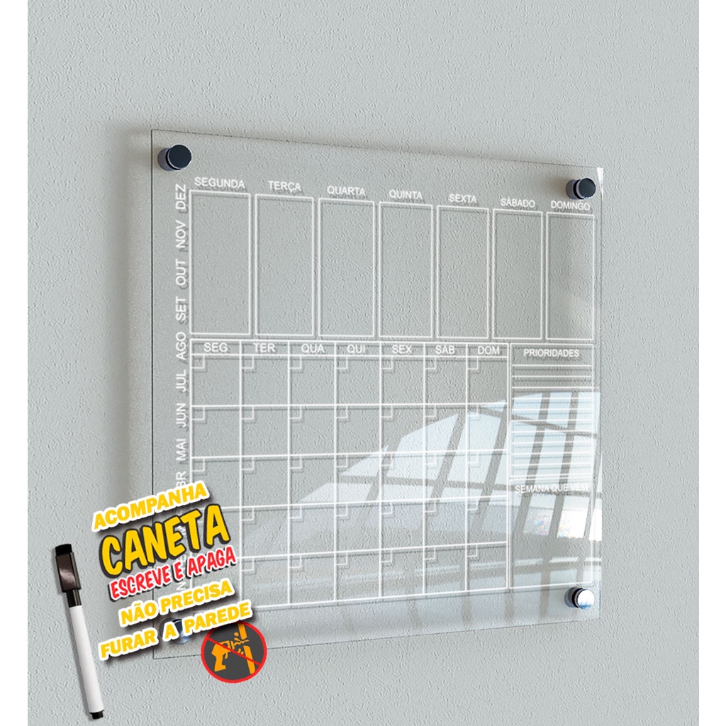 QUADRO PLANNER PLANEJAMENTO MENSAL E SEMANAL LOUSA ACOMPANHA IMÃS + SUPORTE Acrílico Transparente