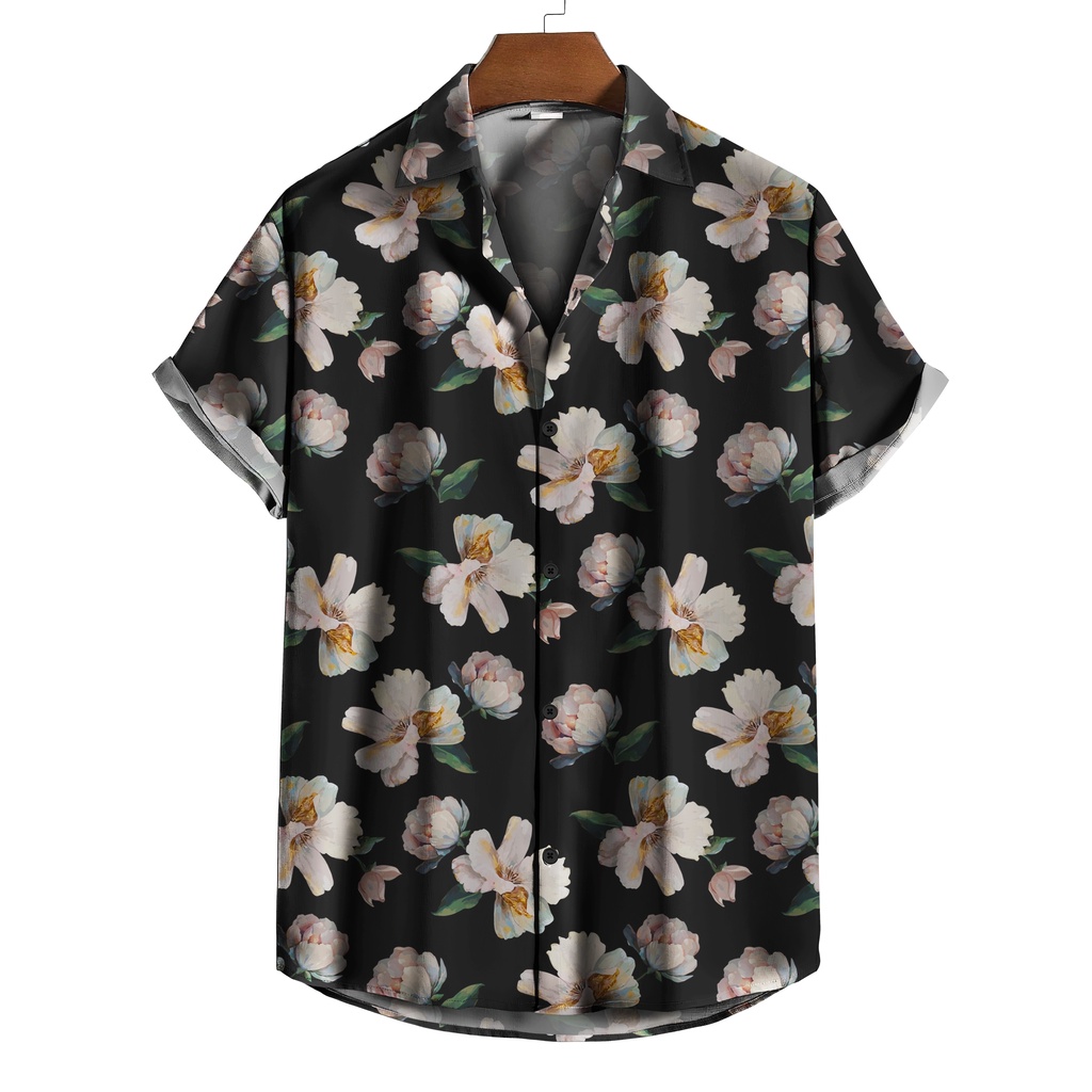 Camisa de Botão preta Floral flores brancas camisa estilosa noite e dia