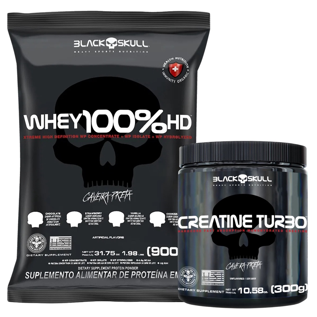 Kit Whey 100% HD Whey Protein 900g + Creatina Turbo Monohidratada 300g - Black Skull Caveira Preta