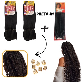 Kit 2 Cabelo Jumbo Gypsy Braids Super Hiper X Tranças Fibra Sintética + 1 Pacote Nina Sotex Crochet Braids + Anéis de Enfeite