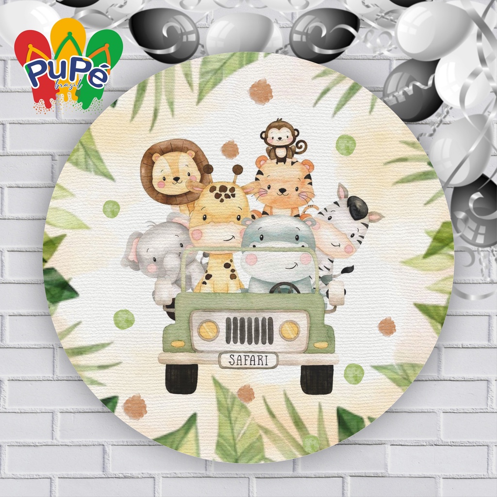 Painel Safari Cute Bichos Leão Elefantinho Baby Redondo Estampado em Tecido  Malha