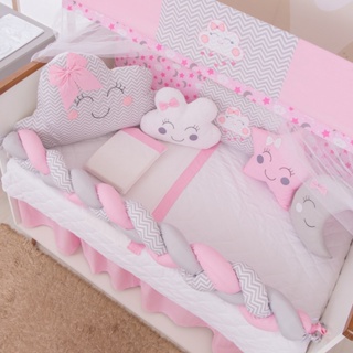 KIT DE BERÇO NUVEM LUA ROSA 12 PEÇAS