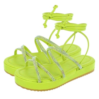 Sandália Feminina de Amarração Papete Birken Flatform Tiras de Amarrar na Perna Strass Rasteirinha Ref. 30/19