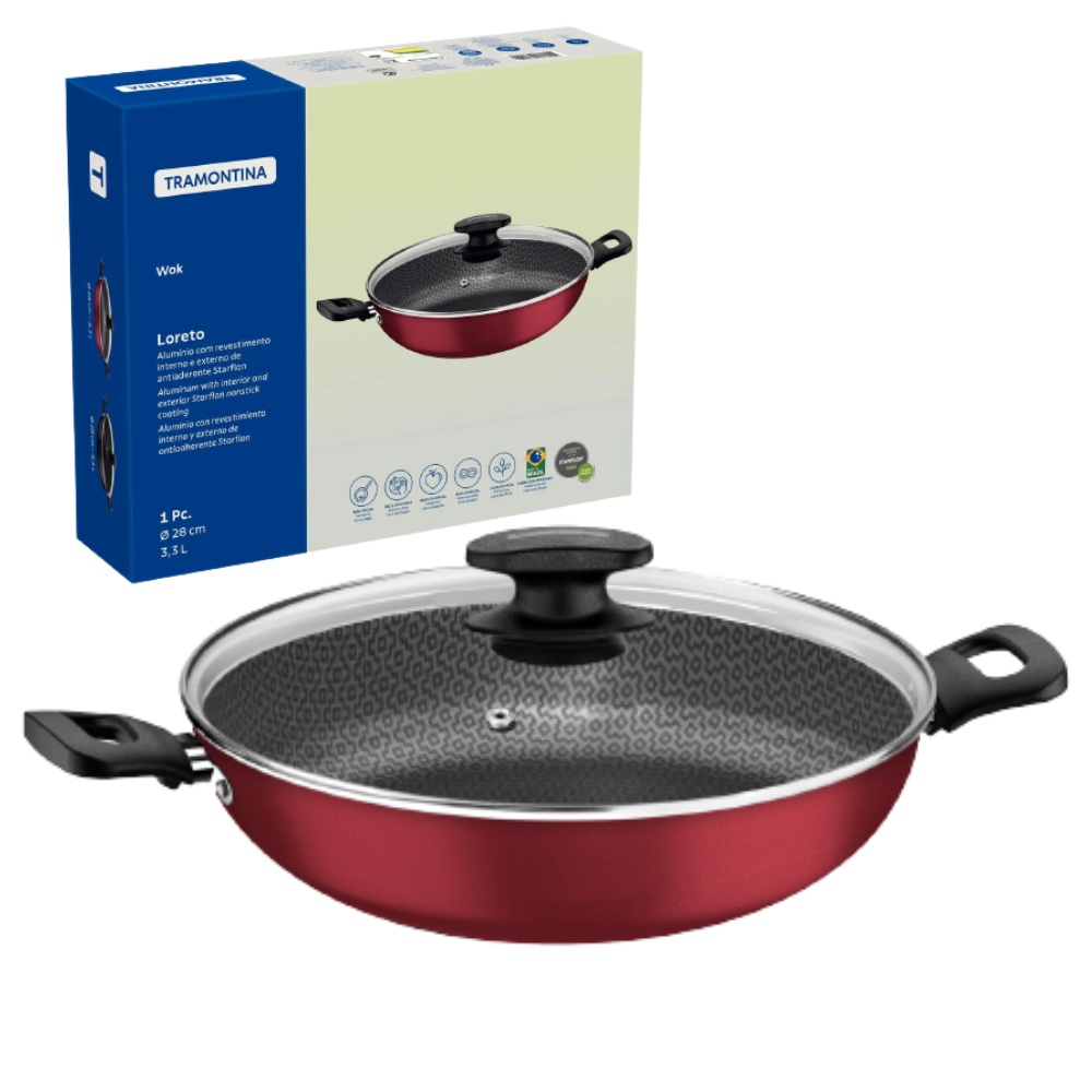 Wok Frigideira Antiaderente Tampa de Vidro Tramontina 3,3L