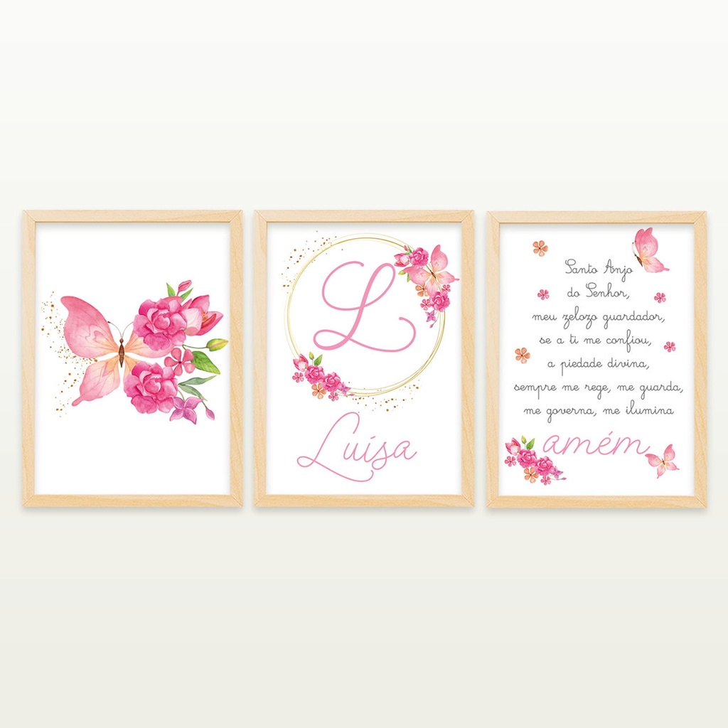 Kit 3 quadros decorativos infantil de borboletas