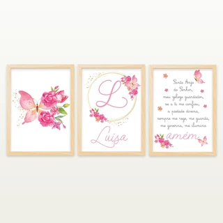 Kit 3 quadros decorativos infantil de borboletas