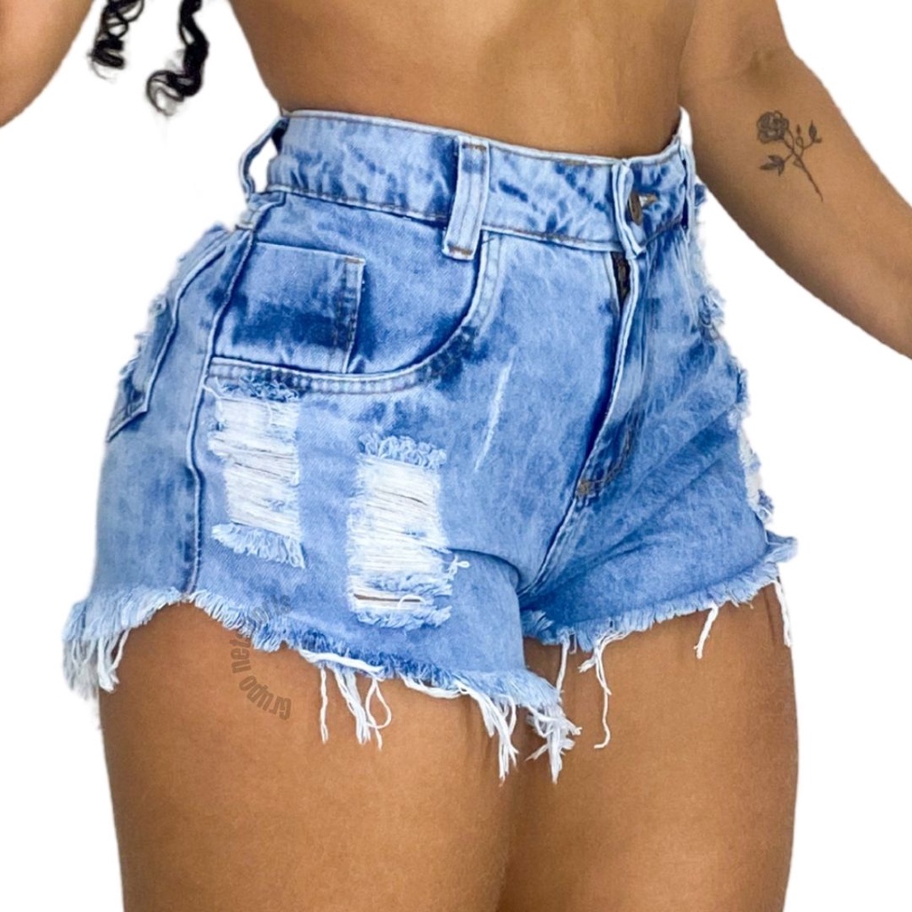 Short Jeans Luxo Feminino Cintura Alta Detonado Hot Pants