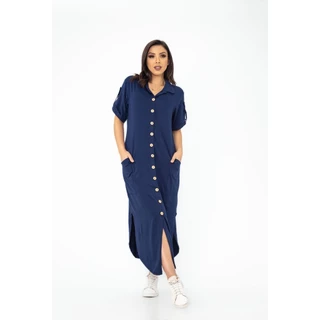 Vestido Chemise Longo Manga Curta Fenda e Bolso Lateral Botões Malha Midi ViscoLycra Liso Sem Estampa Moda Evangélica Amamentação