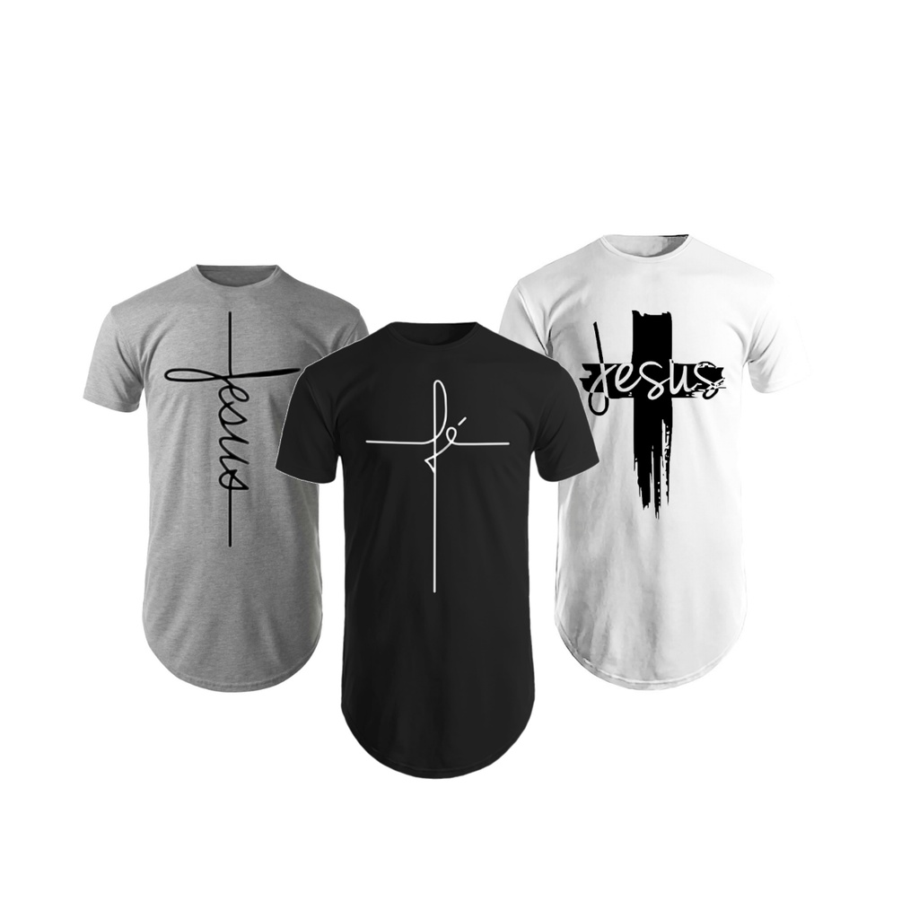 Kit com 3 Camiseta Masculina Estampadas Gospel Longline oversized Swag Manga Curta Algodão Básica Cristã slim Evangélicas