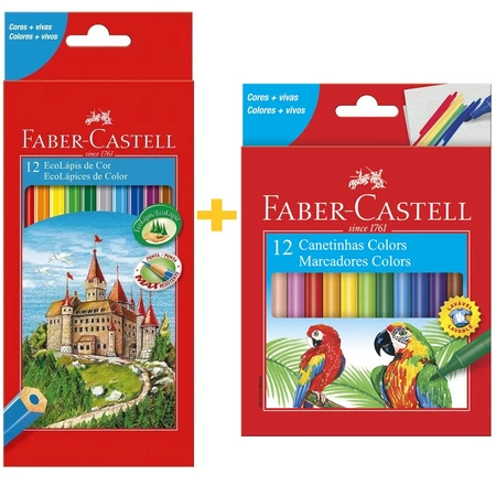 Kit lápis de cor Faber Castell 12 cores com canetinha hidrográfica 12 cores envio rápido