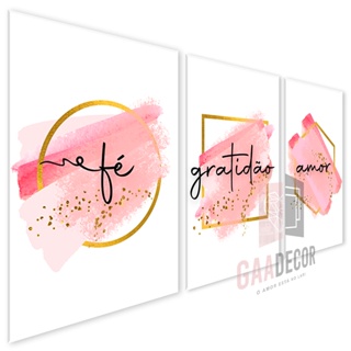 Kit 3 Quadros Decorativos para Sala Quarto Fé Gratidão Amor Frases Motivacionais Decoração