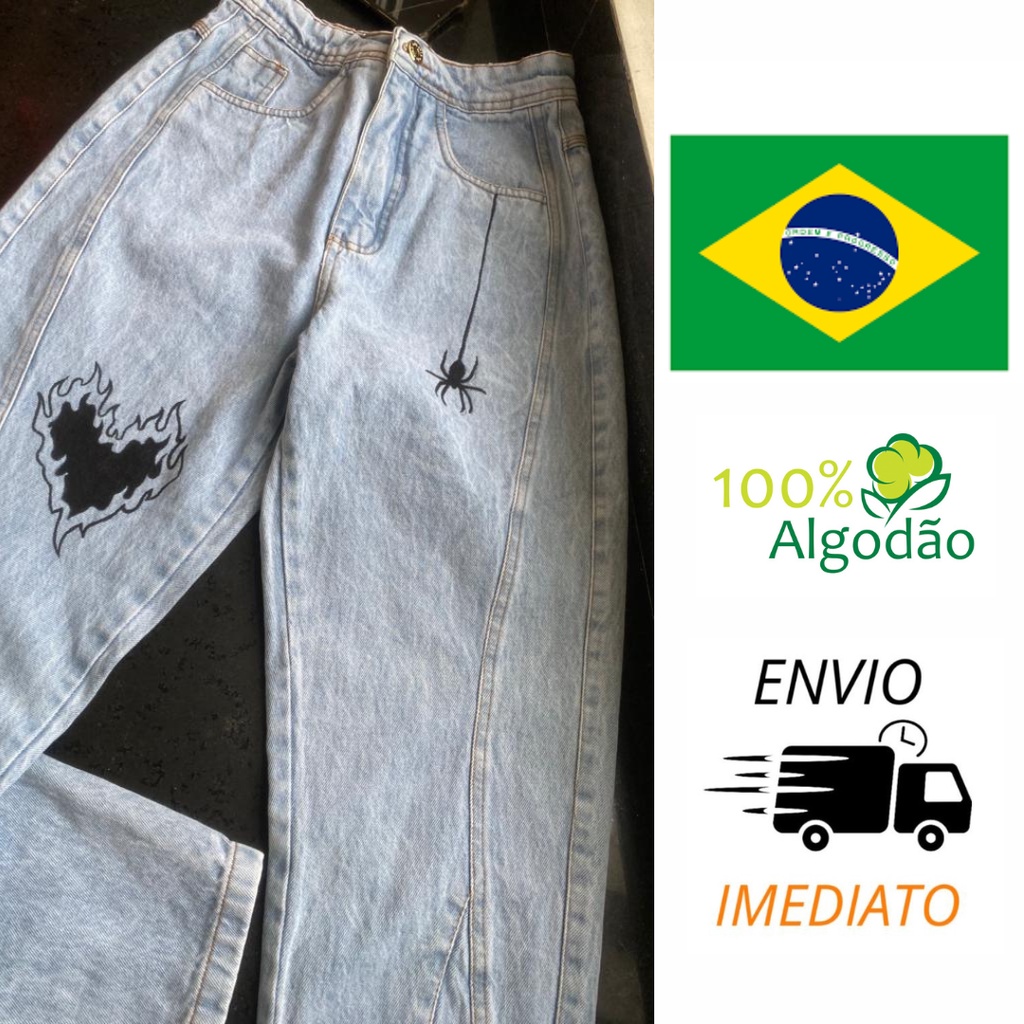 Calça jeans mom com escritas em neon jeans moda gringa moda