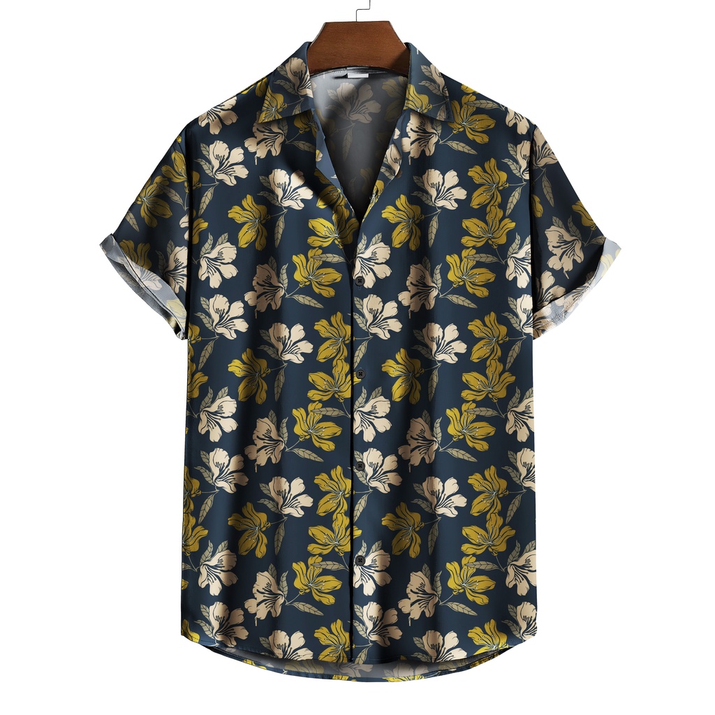 Camisa de botão floral flores amarelas e bege