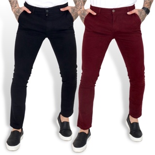 Kit 2 Calça Masculina Alfaiataria Skinny Sarja Preta Bege Caramelo Vinho Verde
