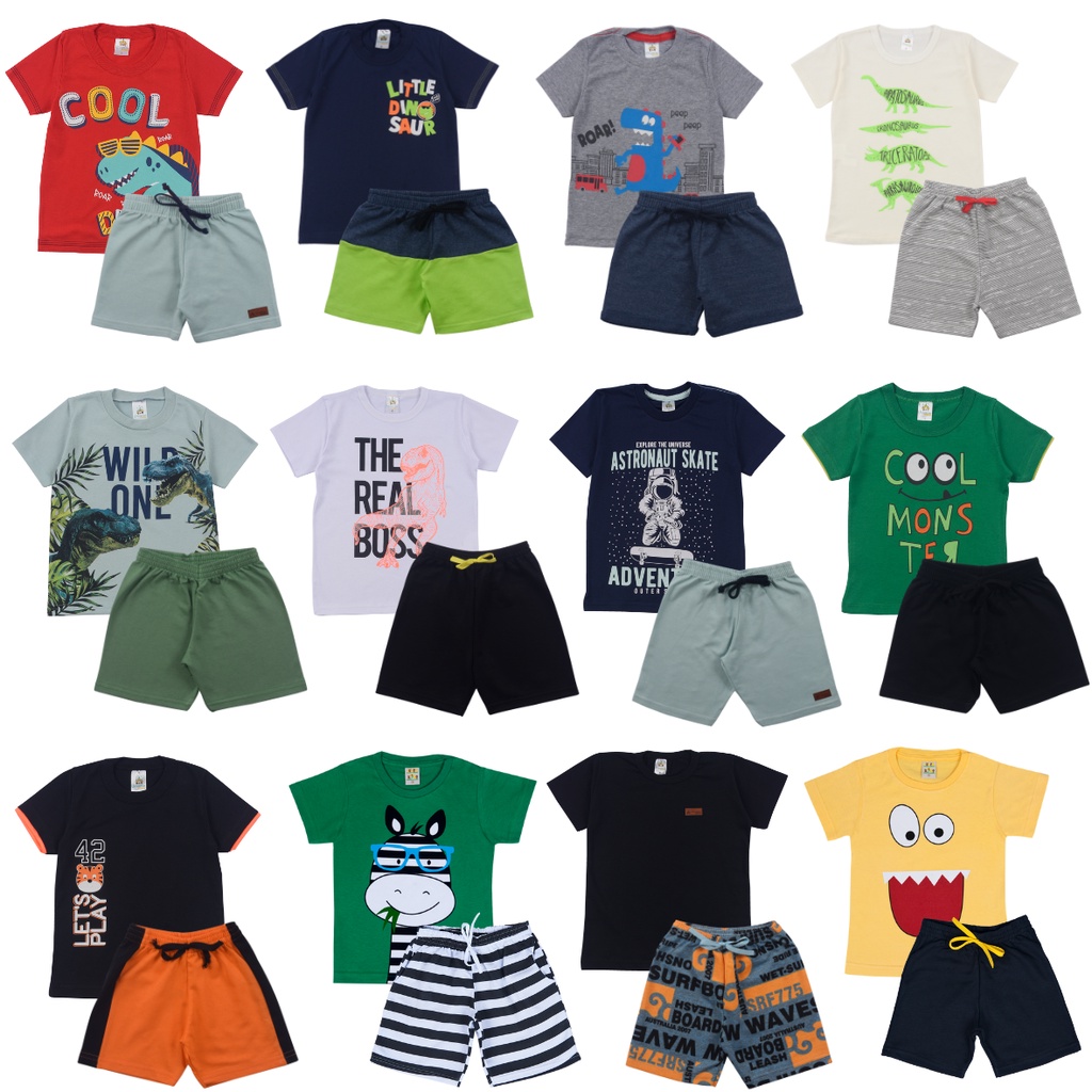 Kit Sortido 8 Peças de Roupas Infantil Menino 4 Camisetas + 4 Bermudas - Promoção - Kit com 4 Conjuntos de Roupa Infantil Menino Verão Menino Bebe Barato