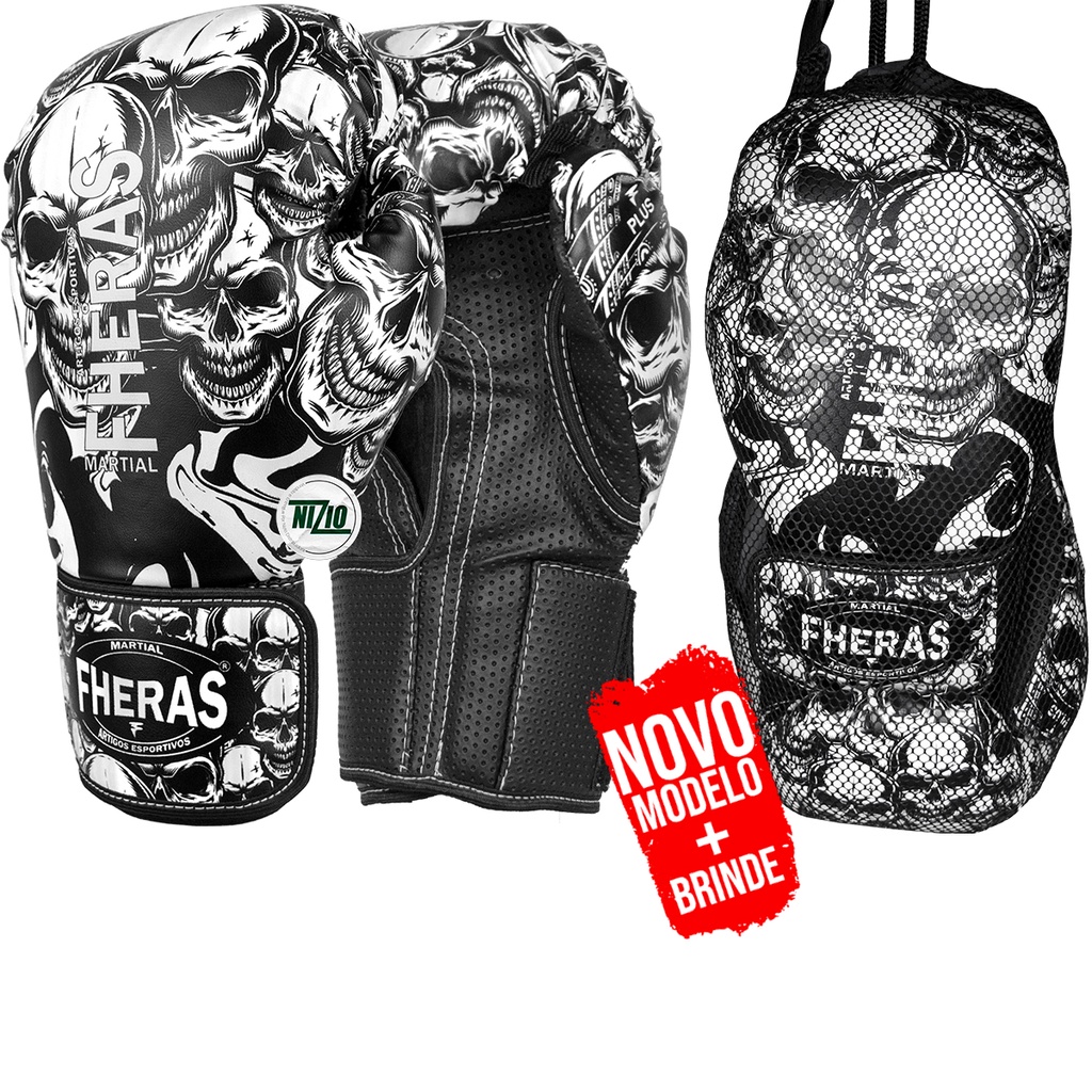 Luva de Boxe Muay Thai MMA Sanda Kickboxing Sanshou Caveira Branca Fheras 10oz
