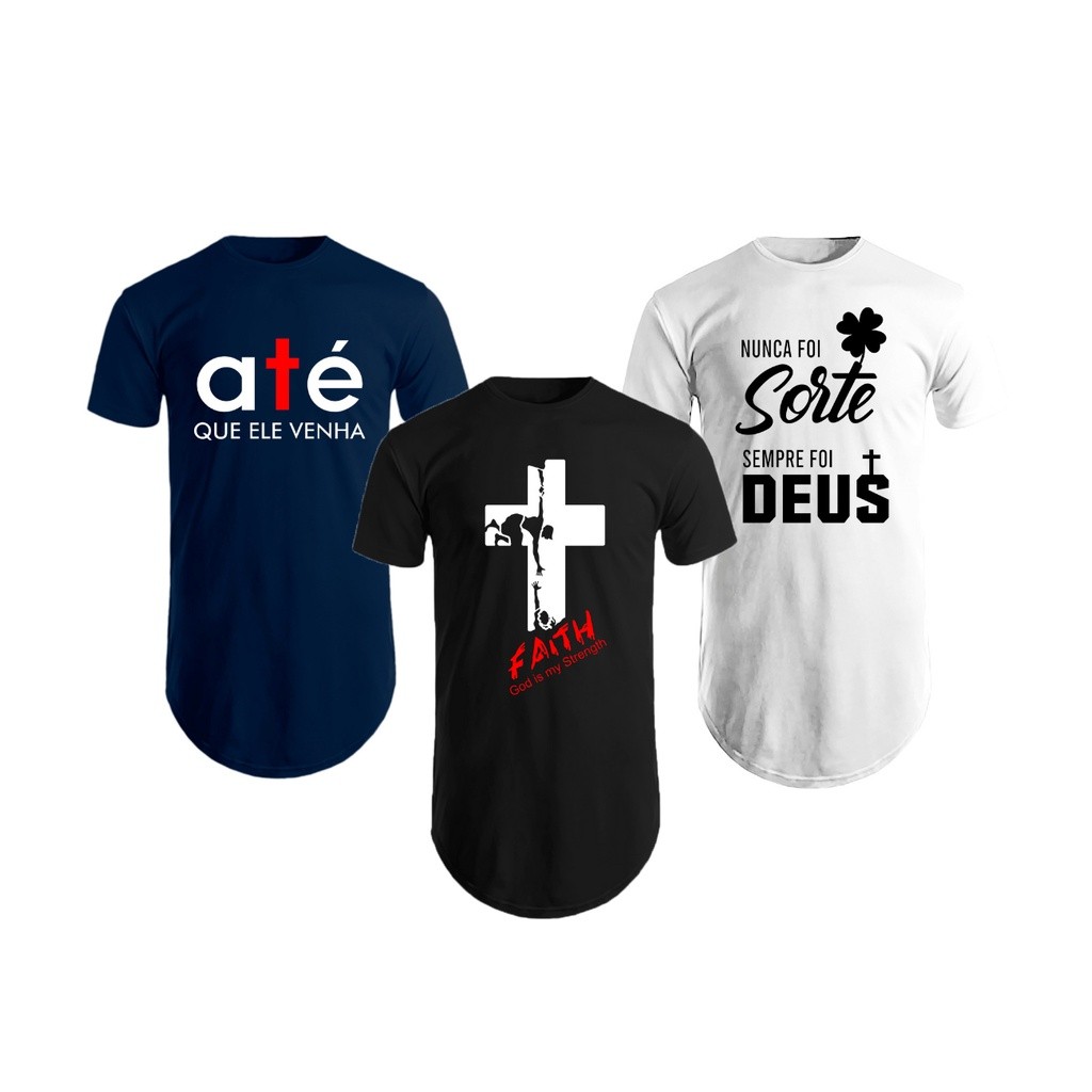Kit com 3 Camisetas Masculina Estampadas Gospel Longline oversized Swag Manga Curta Algodão Básica slim Evangélica