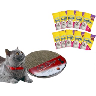 Combo Arranhador Pizza Brinquedo + 10 Petíscos Linguicinha Sabor Peixe Para Gatos