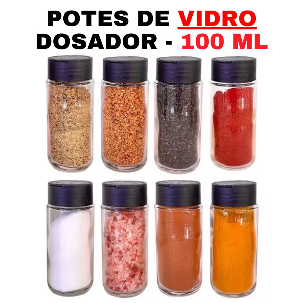 Kit 10 Porta Temperos Condimentos De Vidro Para Cozinha 100ml - Pote de Tempero - Frasco de Tempero - Tampa dosadora plástica tipo dupla - Cozinha - Organização