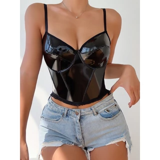Cropped Top Bustiê Blusa Couro Fake Vinil Alto Brilho Festa Preto REF5010