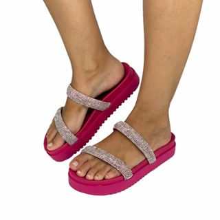 Sandalia feminina papete plataforma com brilhos rasteirinha flatform confortavel  tiras de strass tendencia 2023