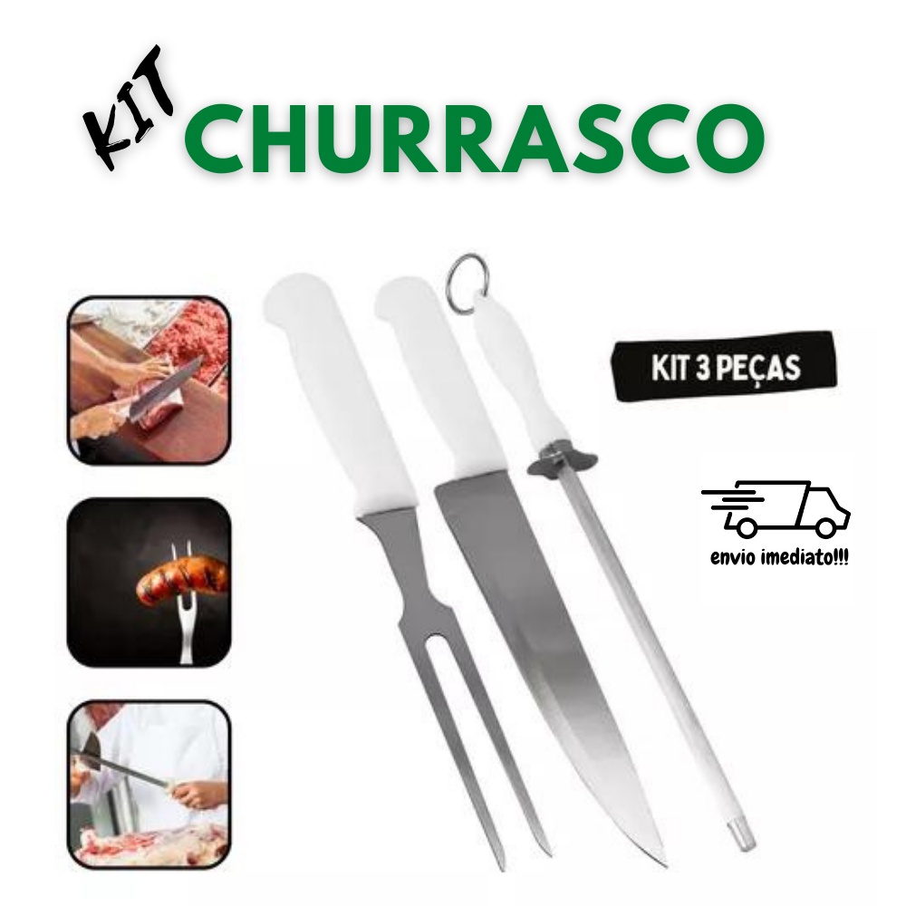 kit Afiador Facas Tesouras + Faca Garfo Chaira p/ churrasco - SQ