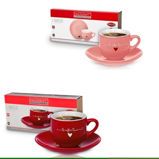 Jogo 6 Xicara De Café Lamour Porcelana Vermelho Rosa 90ml Xícara e Pires