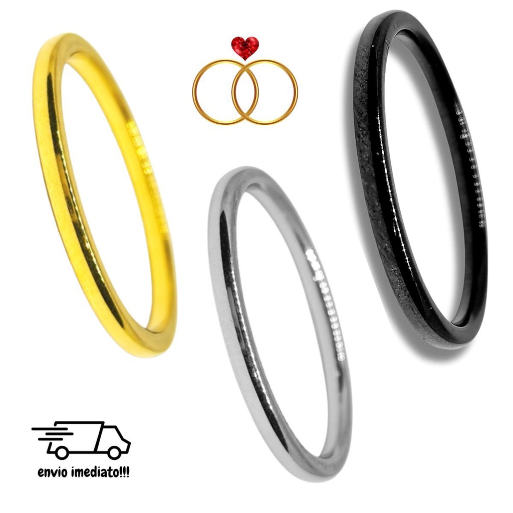 Aliança Fina Dourada Prateada Preta Namoro Casamento Discreta Anel Compromisso 2mm Aço Inox