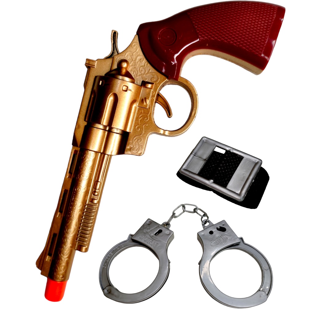 Brinquedo Pistola Policia Xerife Gold Dourado Coldre Algemas