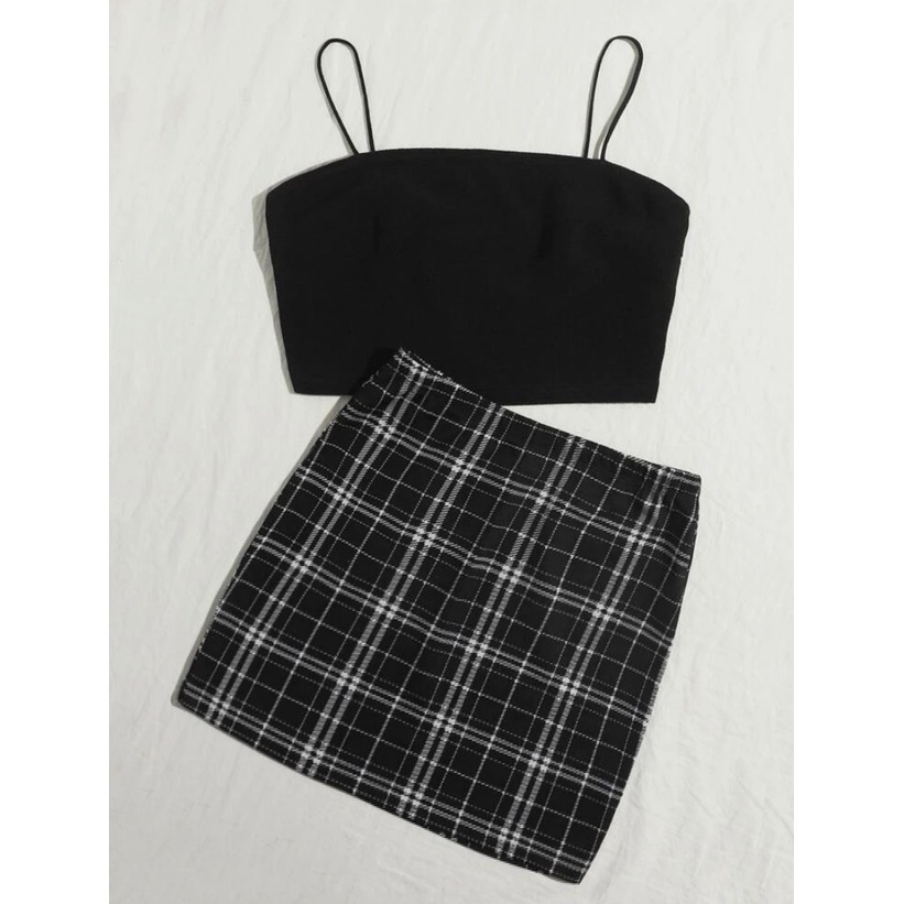 Conjunto Saia Shein e Cropped Aesthetic Xadrez Pata de Galo Moda