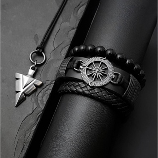 Pulseiras de Couro Masculinas Bussola Kit C/03 + Colar Masculino