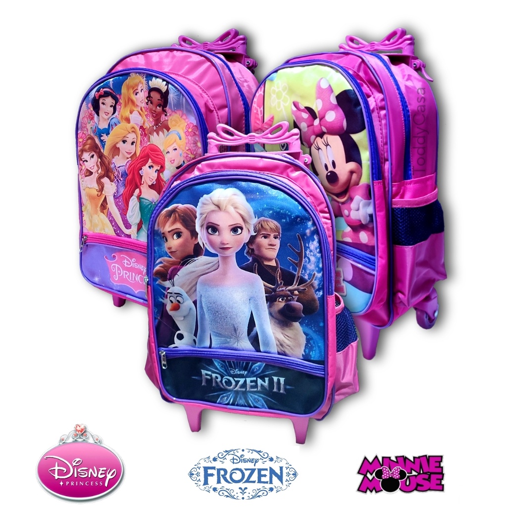 Mochila Bolsa Infantil com Rodinhas Personagens Menina Minnie , Princesas, Frozen , Princesa Sofia.