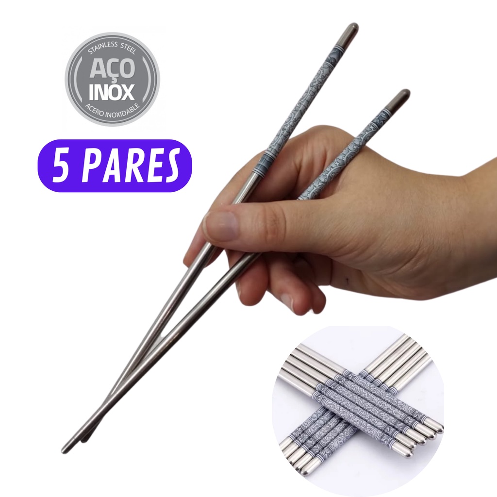 Kit 5 Pares Hashi (10 Palitos) Palitinho Japones Aço Inox Resistente Higiênico para Comida Japonesa Oriental