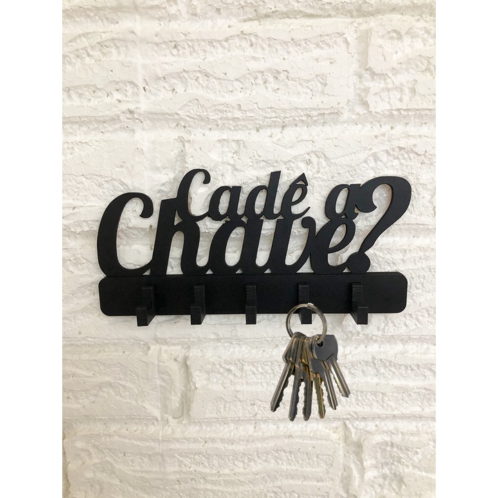 Porta Chaves CADE A CHAVE ? Preto com 5 Ganchos Decoração Moderna Sala Cozinha em MDF