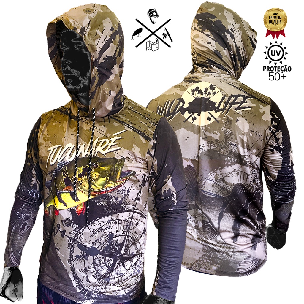 Camisa De Pesca Camuflada Com Capuz Touca Proteção UV 50+