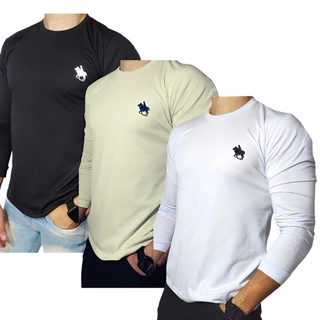Camiseta Manga Longa Masculina Bordada Algodão Outono/Inverno