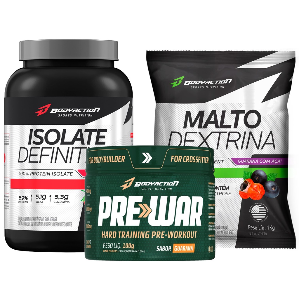 Whey Isolado Isolate Definition 900g + Pré Treino Pre War + Maltodextrina Bodyaction