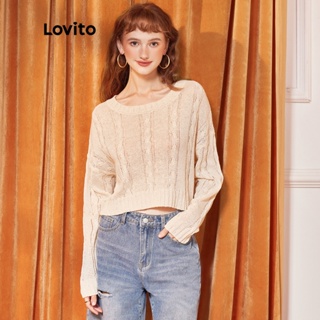 Lovito Suéter Feminino Casual Liso Solto com Decote Redonda e Mangas Longa L36ED001 (Caqui)