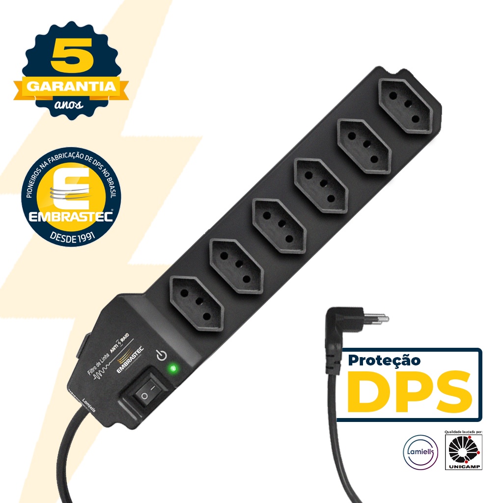 Filtro de Linha 6 Tomadas Bivolt DPS 7,5kA Proteção Contra Surtos Regua de Tomadas Extensão
