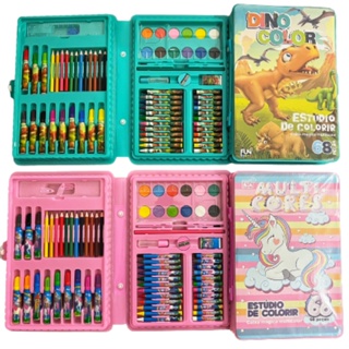 Maleta De Pintura Infantil Estojo 68 Peças Para Colorir Unicórnio Dinossauro Kit de Desenhar Canetinhas