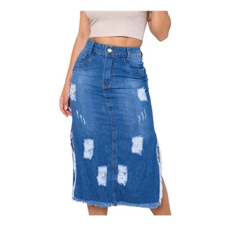 Saia Jeans Midi Cintura Alta Moda Evangelica Destroyer