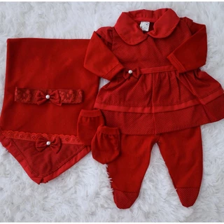 Saída De Maternidade Para Bebe Menina Vermelho 100% Algodão 5 Peças